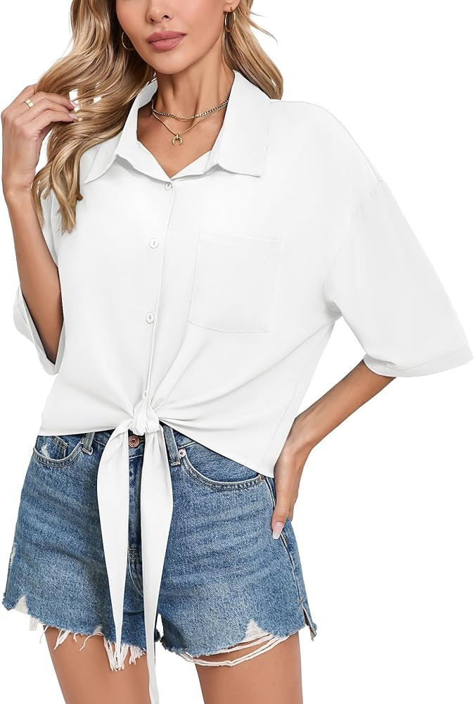 SUEANI Women’s Tie Front Button Down Shirt Casual 3/4 Sleeve Collared Work Blouse with Pocket | Amazon (US)