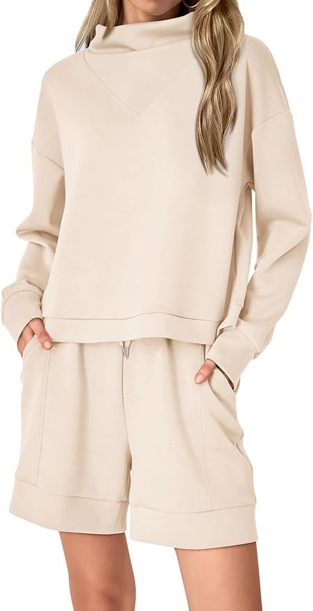NALANISA Women's 2 Piece Outfits Tracksuit Casual Cowl Neck Long Sleeve Sweatshirt Top Shorts Ove... | Amazon (US)