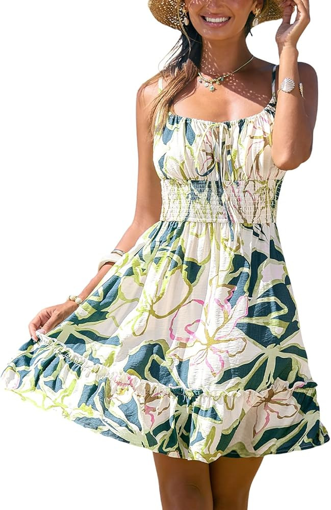 CUPSHE Women's Summer Dresses Floral Square Neck Tie Front Sleeveless Smocked Vacation Mini Dress | Amazon (US)