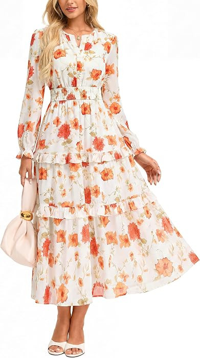 GRACE KARIN Women's Floral Long Sleeve Maxi Dress 2026 V Neck Fall Wedding Guest Outfits Boho Flo... | Amazon (US)