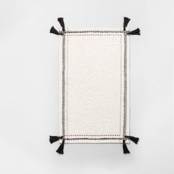 Bath Rug Textured Border with Tassels Black / Sour Cream - Hearth & Hand™ with Magnolia | Target