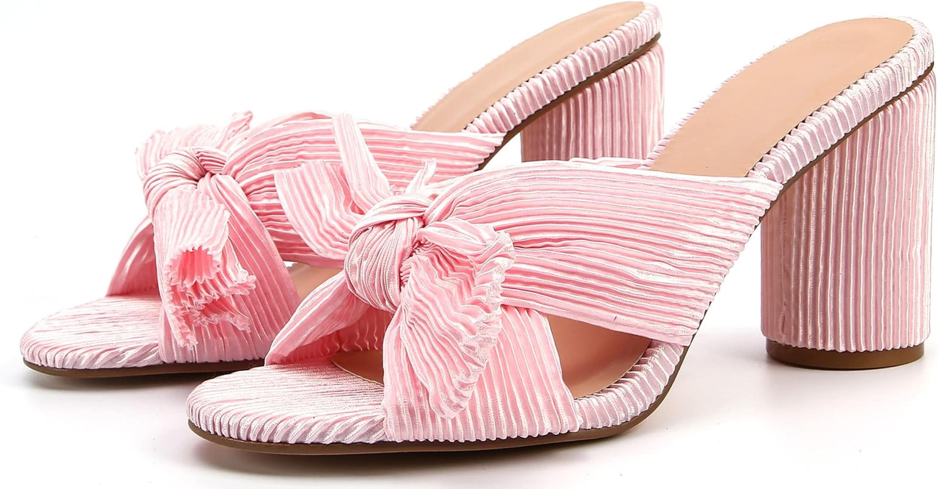 Heeled Sandals for Women Cute Bowknot Bow Pleated Block Chunky Heel Open Toe Comfortable Slippers Br | Amazon (US)