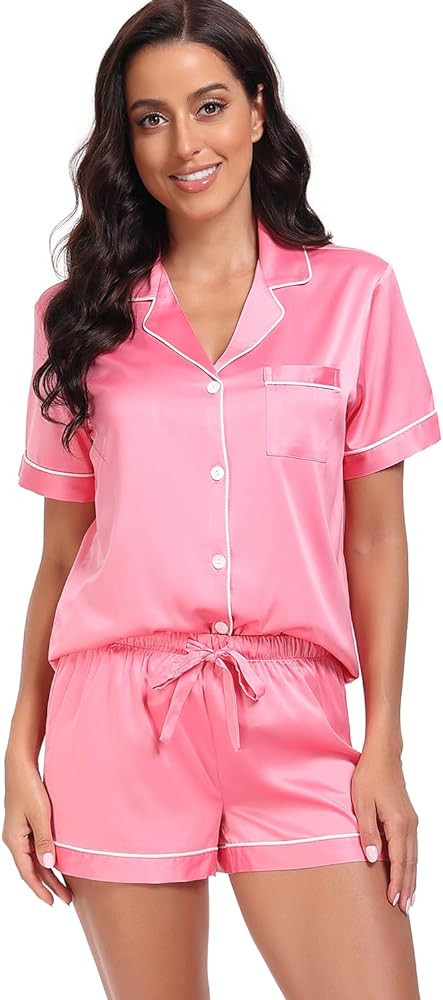 Serenedelicacy Women's Satin Pajama Set 2-Piece Sleepwear Loungewear Button Down Short Sleeve PJ ... | Amazon (US)