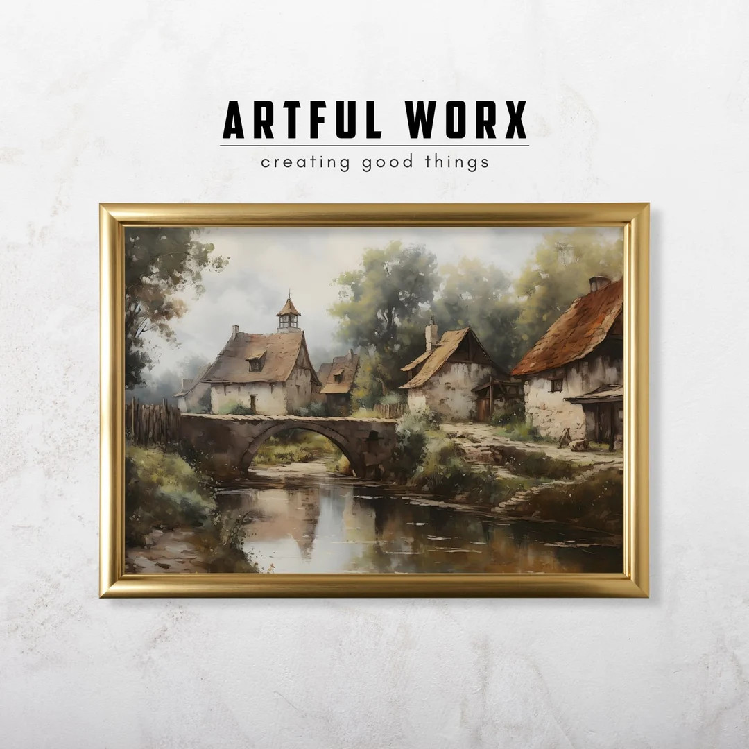 Vintage Country Oil Painting Vintage Canal Painting Rustic European Village Old World Painting Di... | Etsy (US)