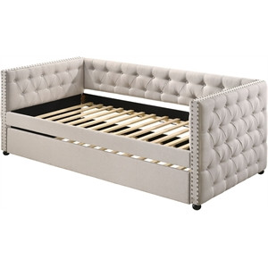 Bowery Hill Button Tufted Fabric Upholstered Twin Daybed and Trundle in Beige | Cymax