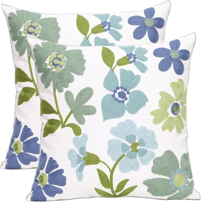 Pack of 2 Embroidered Decorative Throw Pillow Cover 18x18 Inch Farmhouse Floral Pillowcase for Li... | Amazon (US)