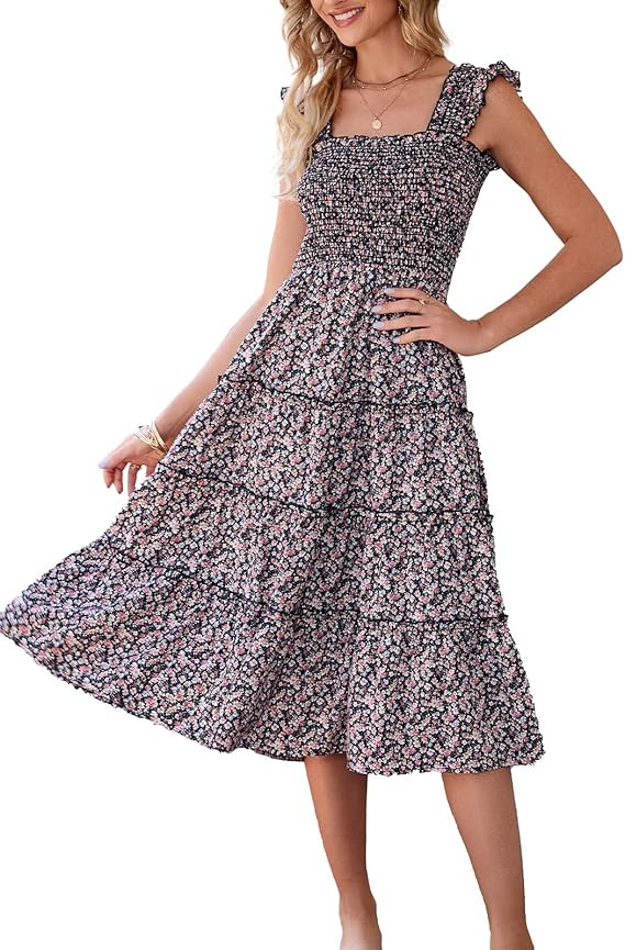 BTFBM Womens Summer Boho Smocked Beach Dresses Sleeveless Shoulder Strap Floral Flowy Tiered Part... | Amazon (US)
