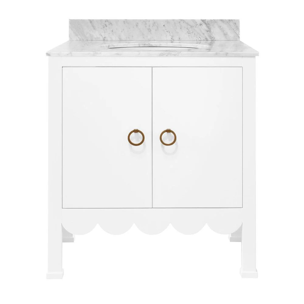 Bath Vanity With Scallop Detail In Matte White Lacquer With White Marble Top And Porcelain Sink | France and Son