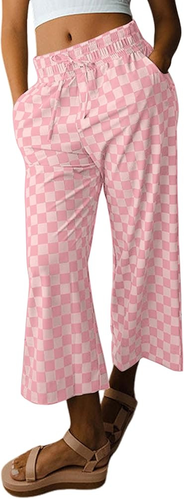 SELINK Women Casual Checkered Elastic High Waist Loose Pajama Pants with Pockets Plaid Straight W... | Amazon (US)