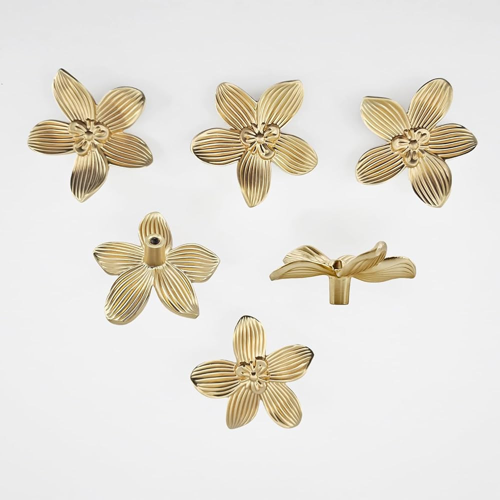6 Pack Brushed Gold Flower Cabinet Knobs, 60mm/ 2.36" Kitchen Gold Drawer Pulls, Bathroom Zinc Pe... | Amazon (US)