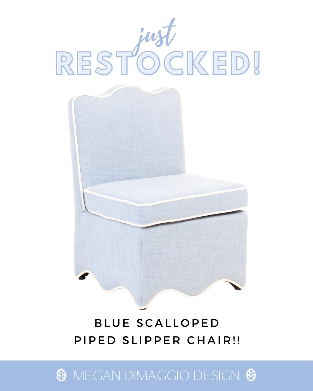 🏃🏼‍♀️🏃🏼‍♀️🏃🏼‍♀️ blue piped scalloped slipper chair restocked online!! Use code: SHIP89 for free shipping 🙌🏻
