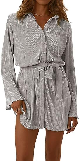 LYANER Women's Collar V Neck Button Down Pleated Long Sleeve Mini Shirt Dress with Belt | Amazon (US)