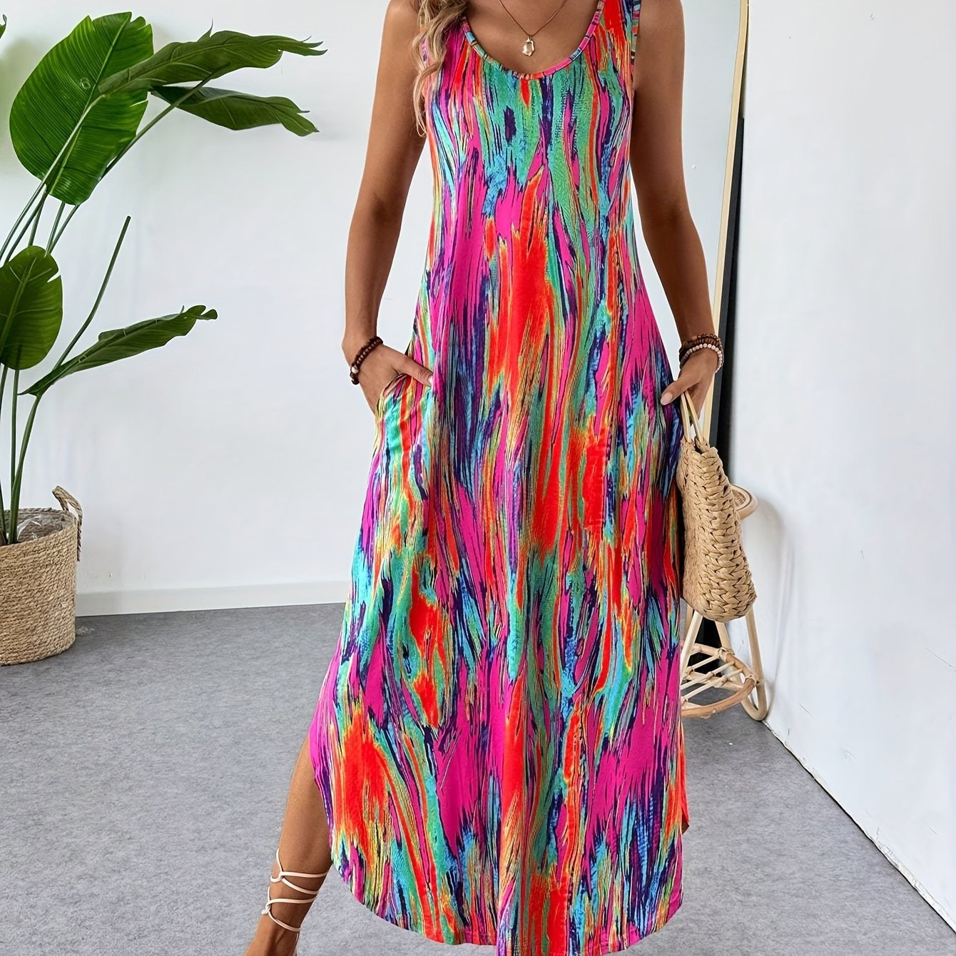 allover print crew neck dress elegant sleeveless maxi dress - Temu Canada | Temu Affiliate Program