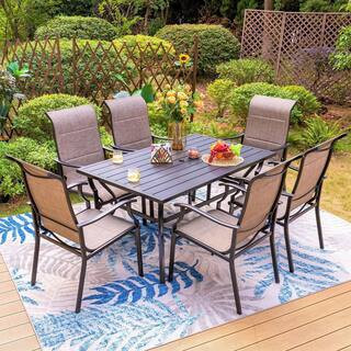 Black 7-Piece Metal Slat Rectangle Table Outdoor Patio Dining Set with Padded Textilene Chairs | The Home Depot