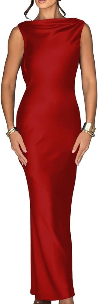 Memoriesea Women's Satin Elegant Sleeveless High Neck Tie Cocktail Party Maxi Dress | Amazon (US)