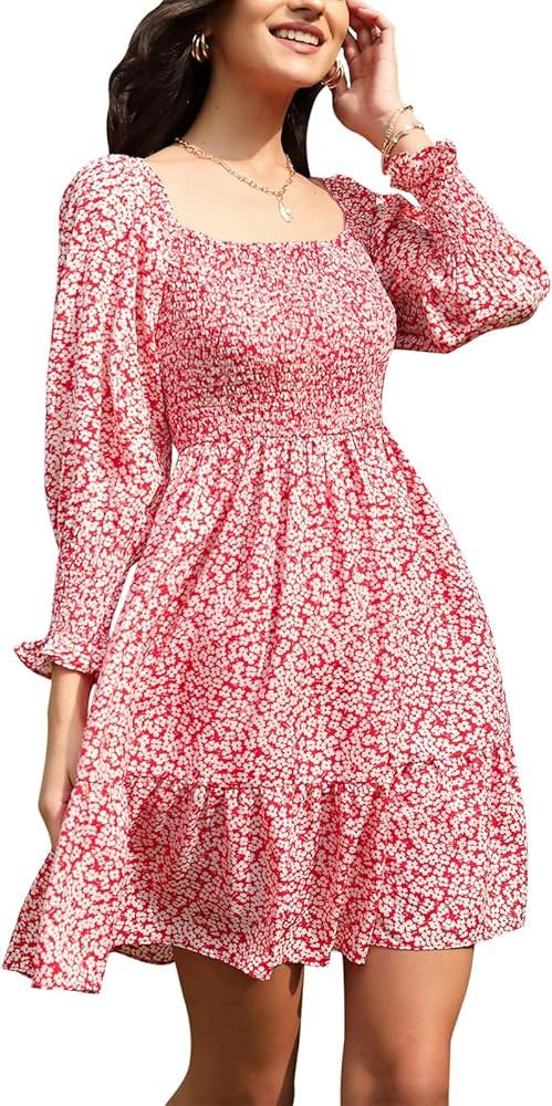 EXLURA Womens Square Neck Off Shoulder Dress 3/4 Puff Sleeve Polka Dot Ruffle Smocked Vintage Mini D | Amazon (US)