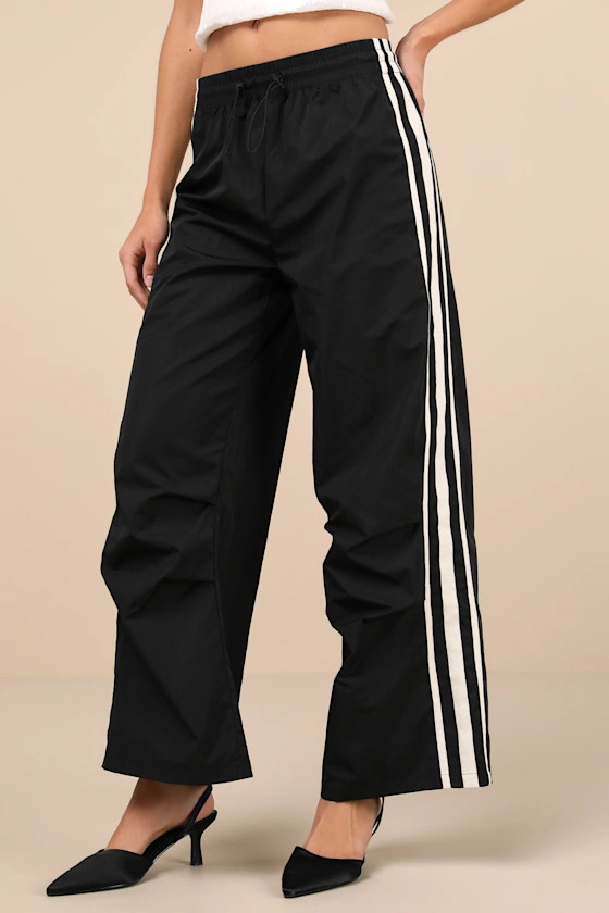 Sporty Sweetie Black Nylon Drawstring Wide-Leg Athletic Pants | Lulus