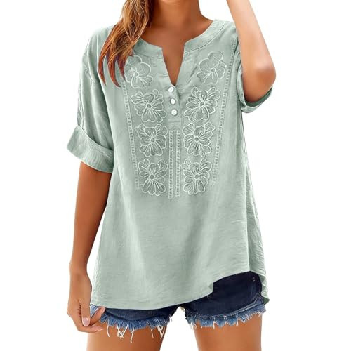 Linen Shirts for Women A-Light Green S - 3/4 Sleeve V Neck Button Down Cotton Linen Tops Casual Dressy Tunic for Summer 2026 | Amazon (US)