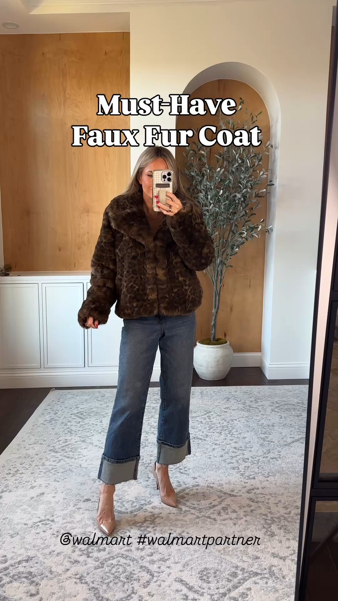 This leopard print faux fur coat is a must have!!! Seriously the cutest finishing touch to any outfit this season (also comes i black!) Wearing xs

My cuffed jeans are only $15 now!! Wearing size 0

@walmartstyle #walmartstyle #walmartpartner 

#LTKHoliday #LTKPetite #LTKFindsUnder50