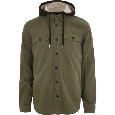 Khaki long sleeve fleece lined hood shirt | River Island (US)