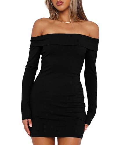 Purple Pocket Womens Off The Shoulder Long Sleeve Dresses Casual Fall Sexy Bodycon Ribbed Cocktail Mini Dress Black XL | Amazon (US)