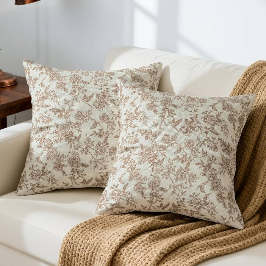 Brown Floral Pillow Cover 18x 18 Set of 2, Vintage Block Print Blooming Flower and Bird Decorativ... | Amazon (US)