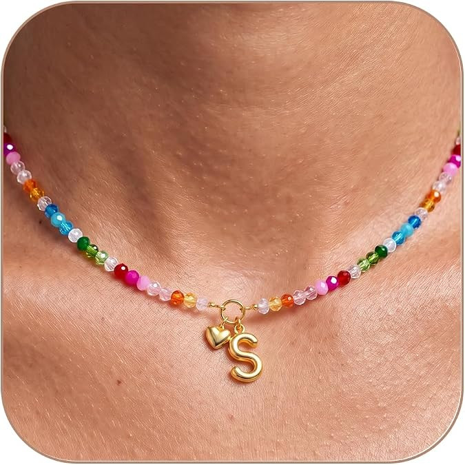 Initial Necklace for Women Colorful Beaded Necklaces Initial Heart Bubble Letter Necklace Summer ... | Amazon (US)