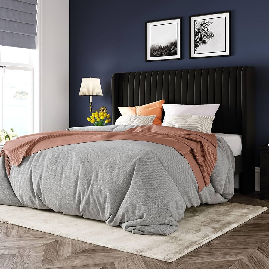 Allewie Queen Size Velvet Bed Frame/Vertical Channel Tufted Wingback Headboard/Upholstered Platfo... | Amazon (US)