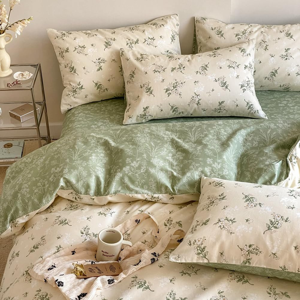 Nayoroom Vintage Floral Duvet Cover Queen Size 100% Cotton Beige Green Botanical Flower Spring Co... | Amazon (US)