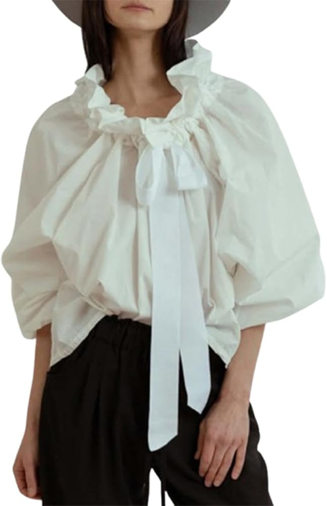 UAURORAO Women Striped Bow Tie Neck Blouse Oversized Long Sleeve Ruffle Mock Neck Babydoll Shirt ... | Amazon (US)