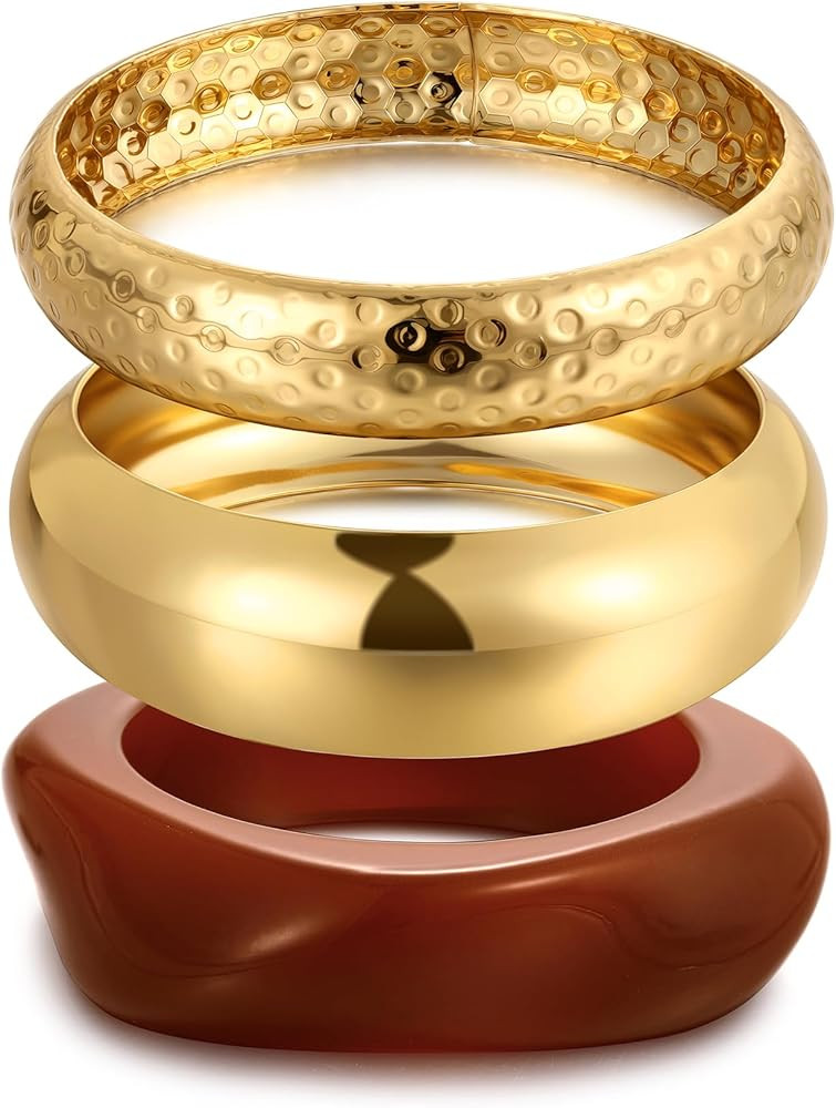 Chunky Gold Bangle Bracelets for Women, Dainty 14k Gold Plated Big Stackable Bangles Set, Trendy ... | Amazon (US)
