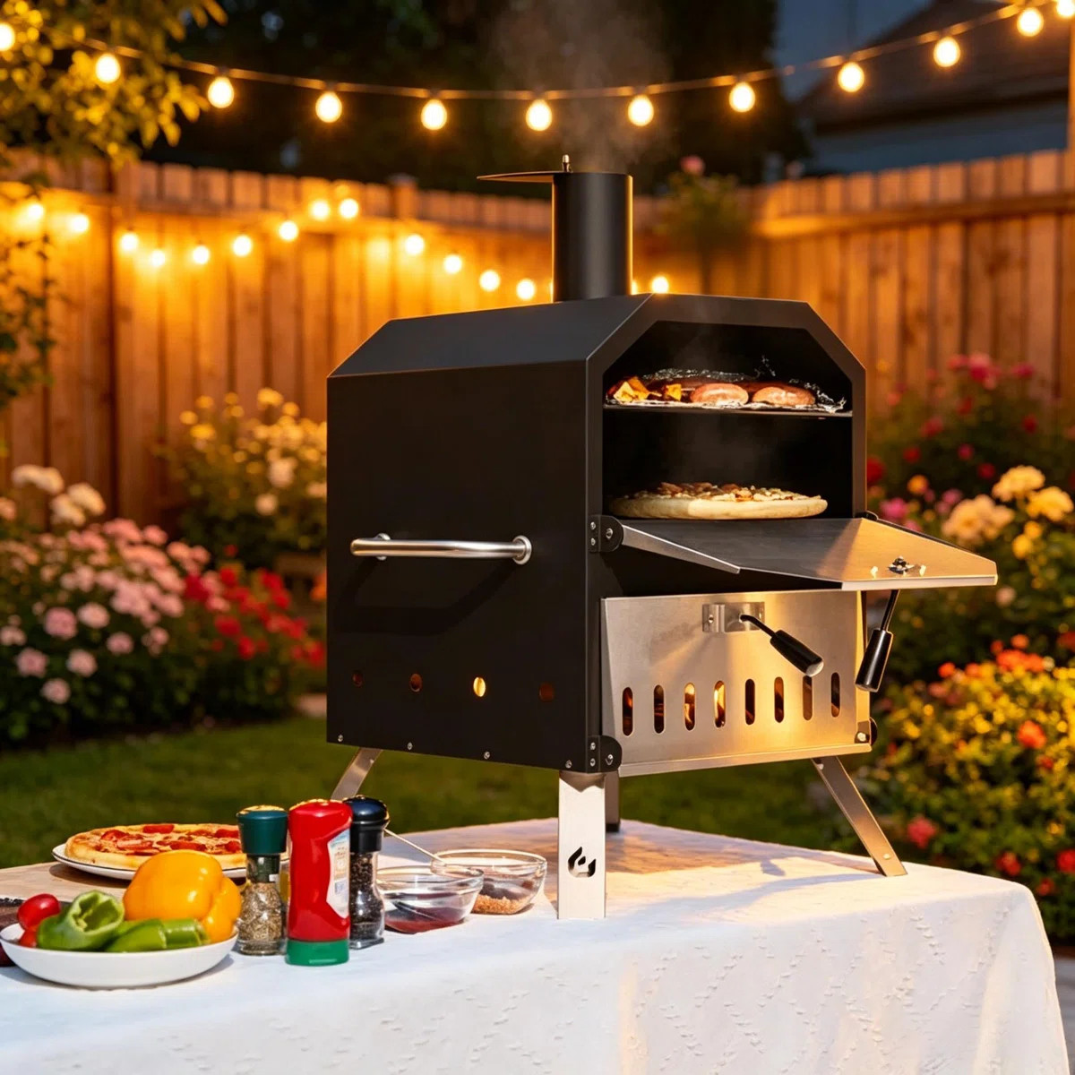 Steel Freestanding Wood-Fired Outdoor Pizza Oven with Two Cooking Areain Black | Wayfair North America