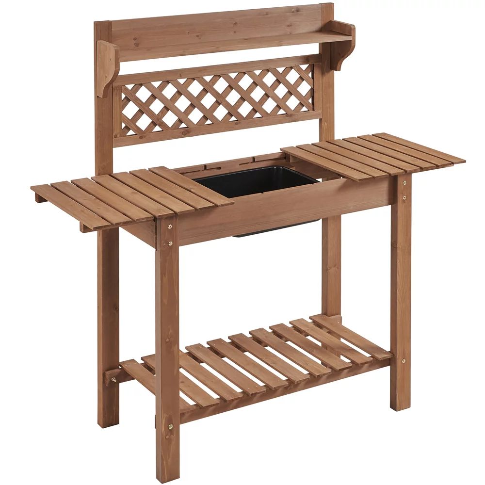 Topeakmart Garden Potting Bench Outdoor Wooden Work Station Table with Sliding Tabletop, Brown | Walmart (US)