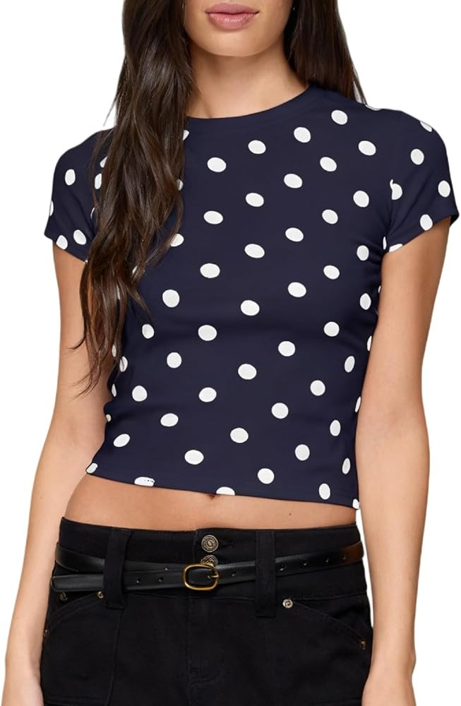 UAURORAO Women Polka Dot T Shirt Short Sleeve Stretch Slim Fit Crop Tee Tops Vintage Coquette Aes... | Amazon (US)