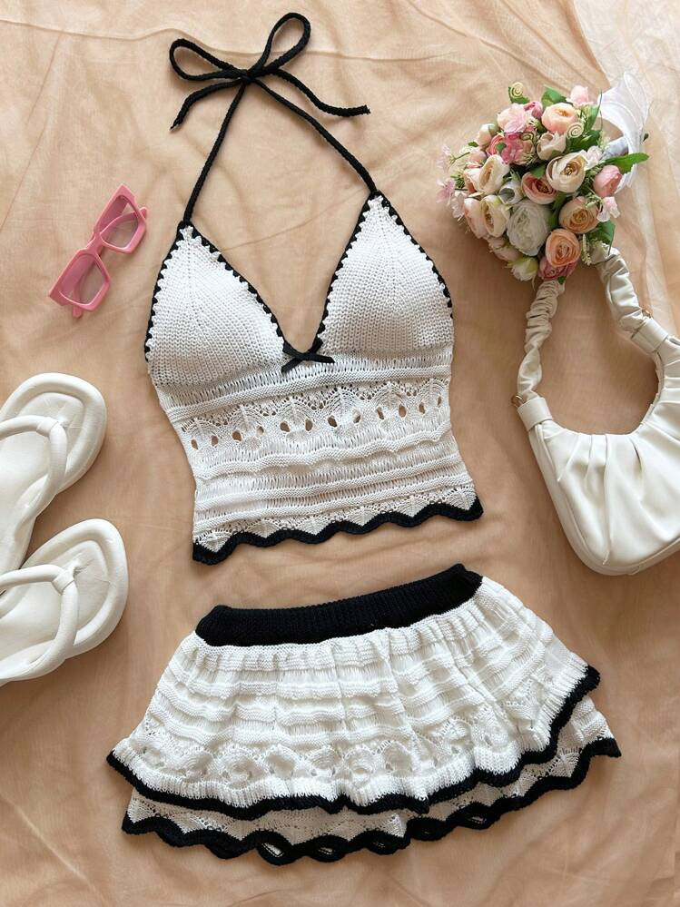 Soleia Women's Holiday Casual Contrast Trim Backless Halter Top And Mini Skirt 2 Pieces Set Beach Vacation Outfits Spring Summer Outfits For Women West Music Festival Bohemia Boho | SHEIN