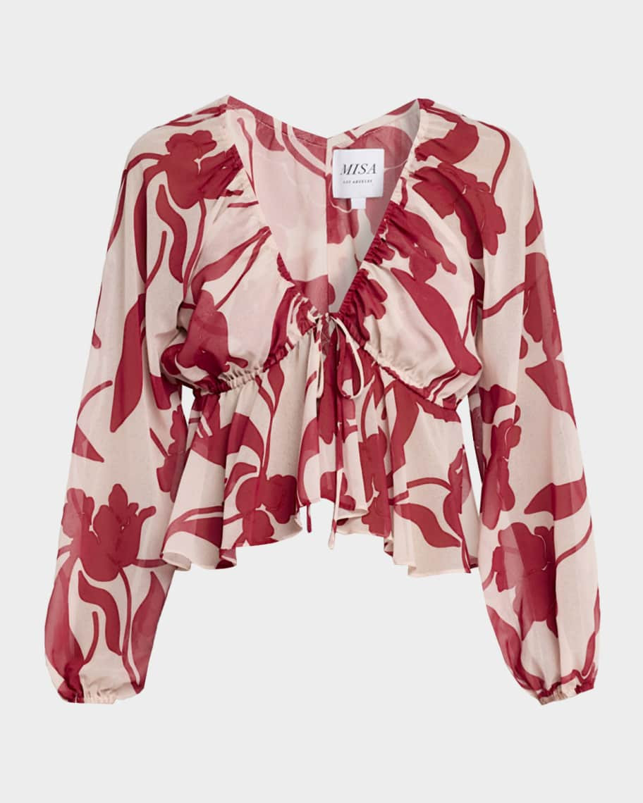 MISA Los Angeles Susan Cherry Floral Peplum Blouse | Neiman Marcus
