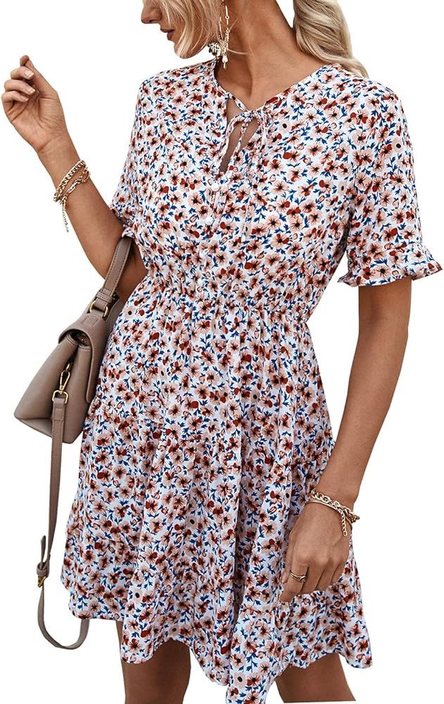 KIRUNDO Women’s Summer Dress Ruffle Sleeve Tie Neck High Waist Floral Print Mini Dress A-Line Sun Dr | Amazon (US)