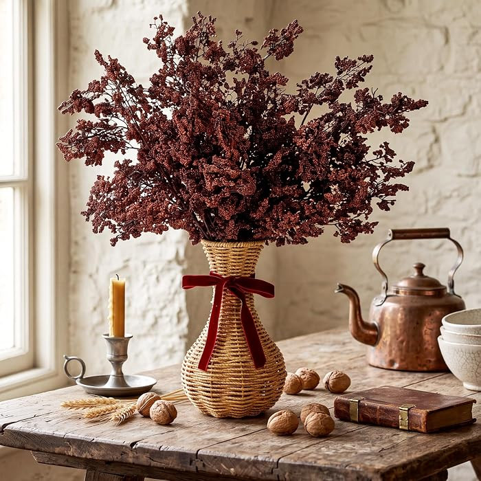 Wavyknot 4 Pcs 43inches Burgundy Artificial Berry Stem with Woven Vases Berry Stem Fake Realistic Flowers for Living Room Weddings DIY Party Decorations Gifts for Office Home | Amazon (US)