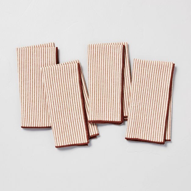 4pk Ticking Stripe with Stitched Edge Cloth Napkin Set Pumpkin Brown - Hearth & Hand™ with Magn... | Target
