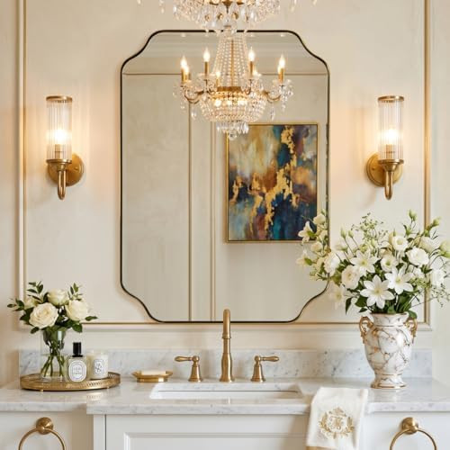 MIRRORART 20x28’’ Scalloped Gold Bathroom Mirror, Brushed Brass Metal Framed Decorative Wall ... | Amazon (US)