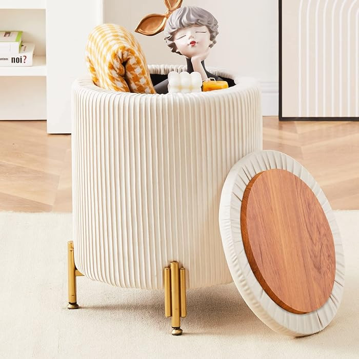 Round Ottoman Foot Stool with Storage and Metal Legs for Living Room Bedroom, Velvet Upholstered ... | Amazon (US)