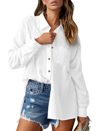 Womens Linen Button Down Shirt Cotton Dress Shirts Long Sleeve Collared Work Blouses Solid Tunic Tops with Pockets All White,S | Amazon (US)
