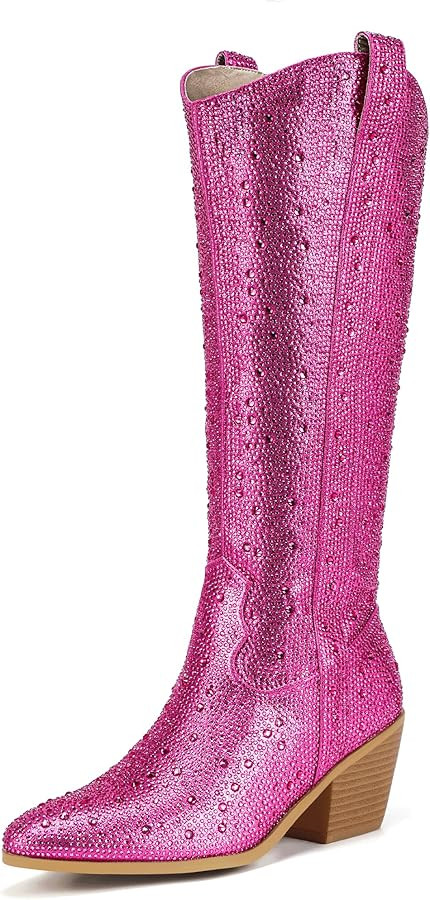 IDIFU IN3 Rhinestone Cowboy Boots For Women Knee High Western Cowgirl Boots Pointed Toe Block Chu... | Amazon (US)
