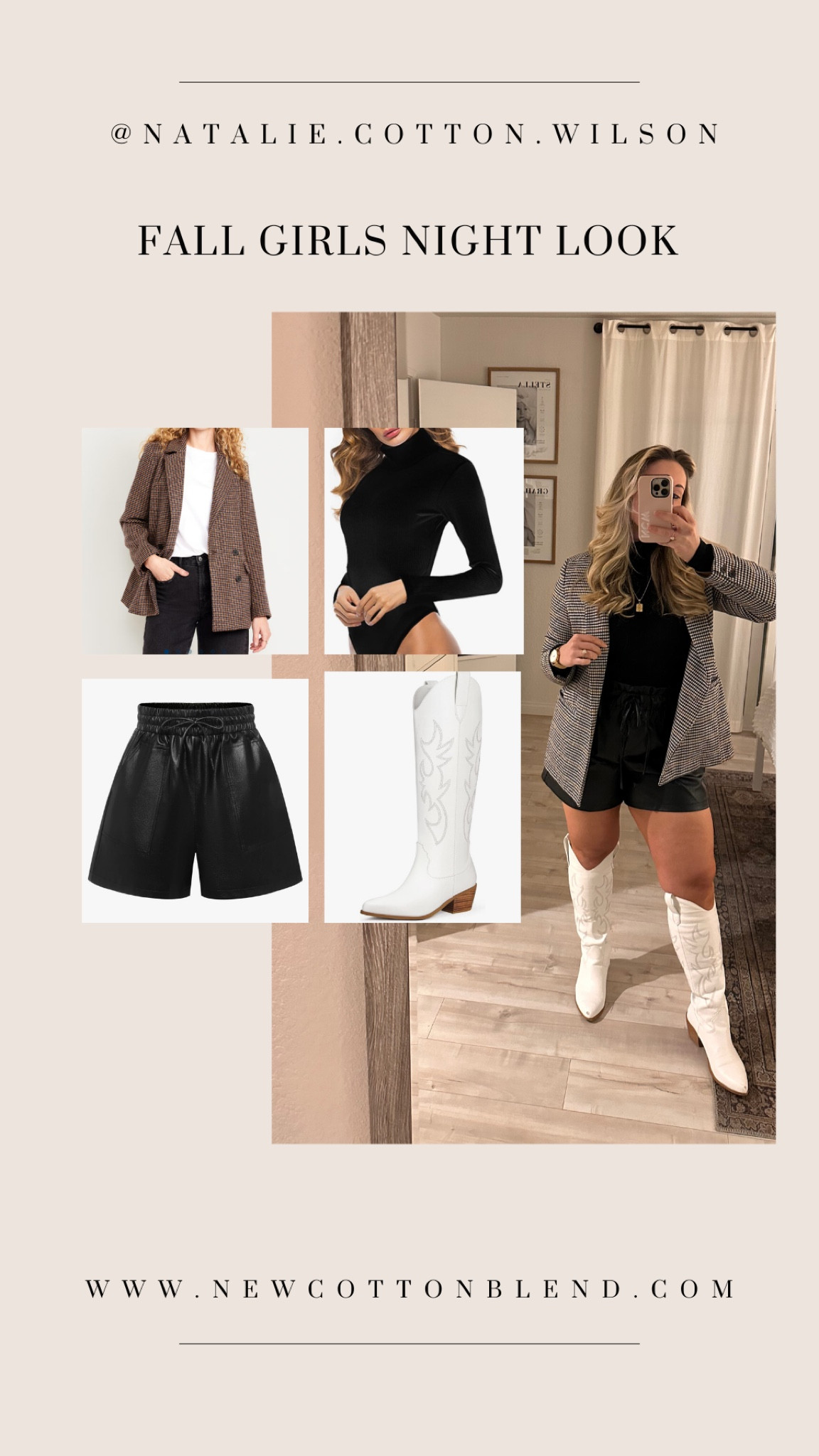 Blazer in M though a L would give a better oversized look

Shorts, size up 1, wearing L

Boots run TTS

Bodysuit TTS, thong booty, wearing M 

Jewelry is Amazon 