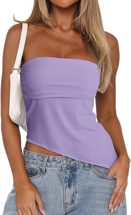CSDAJIO Asymmetrical Tops for Women Ruched Side Long Tube Top Strapless Bandeau Top Summer Going ... | Amazon (US)