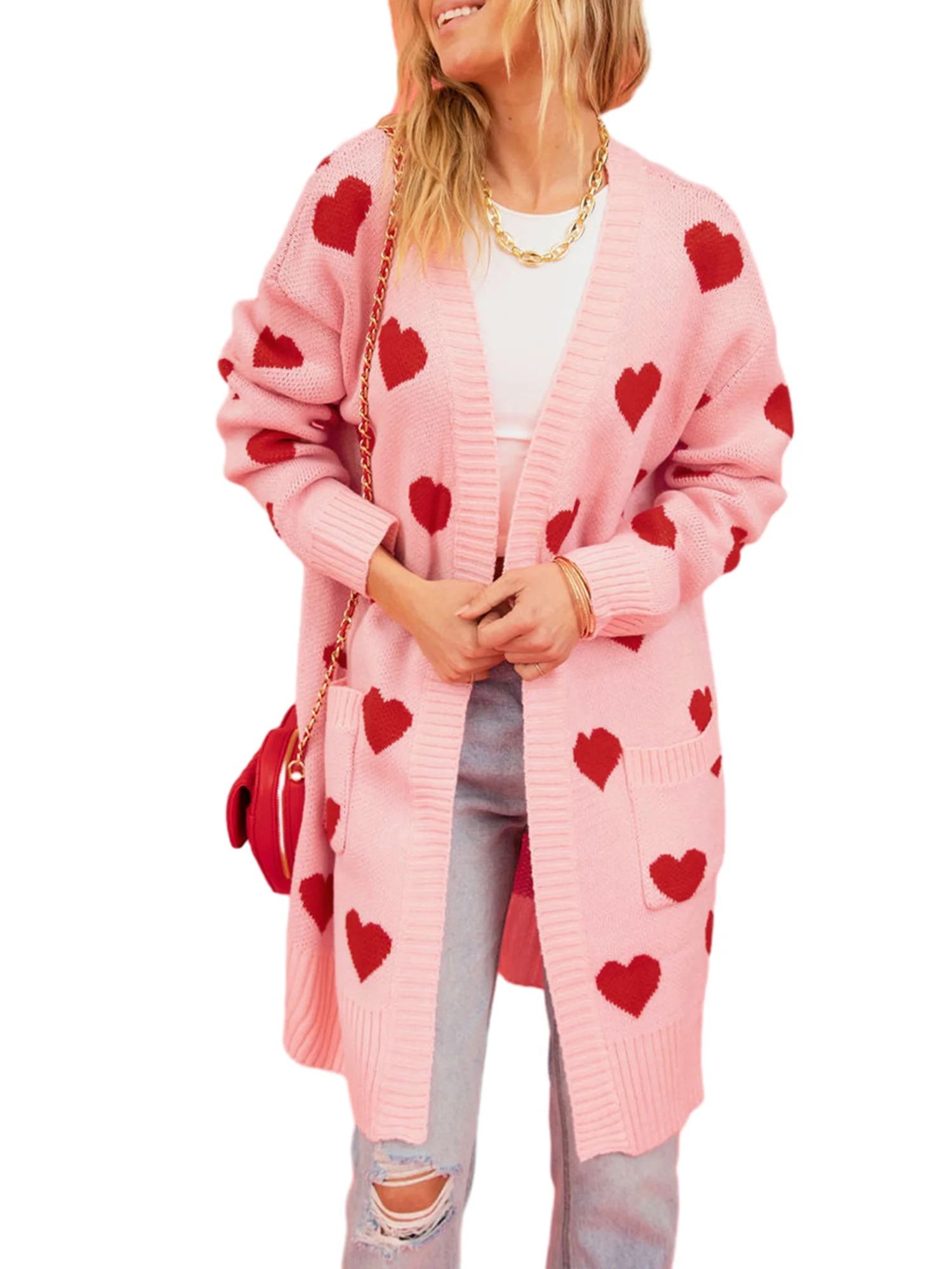 GXFC Women Valentine's Day Cardigan Open Front Duster Sweater Ladies Heart Print Long Knitted Pul... | Walmart (US)