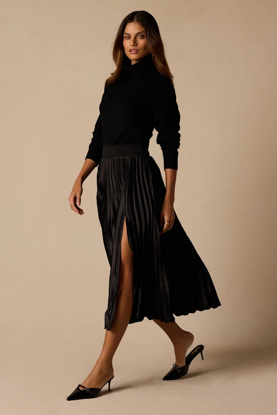 Sophisticated Vision Black Satin Pleated Midi Skirt | Lulus