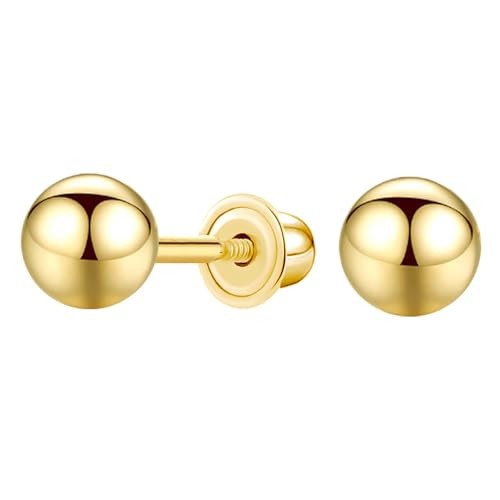 14K Gold Ball Stud Earrings Featuring Round Cubic Zirconia, Screw-Back Design for Comfort and Stability（5mm） | Amazon (US)