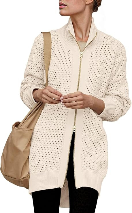 Women's Turtleneck Zip Up Cardigan Sweaters Oversized Drop Shoulder Long Sleeve Casual Solid Mesh... | Amazon (US)