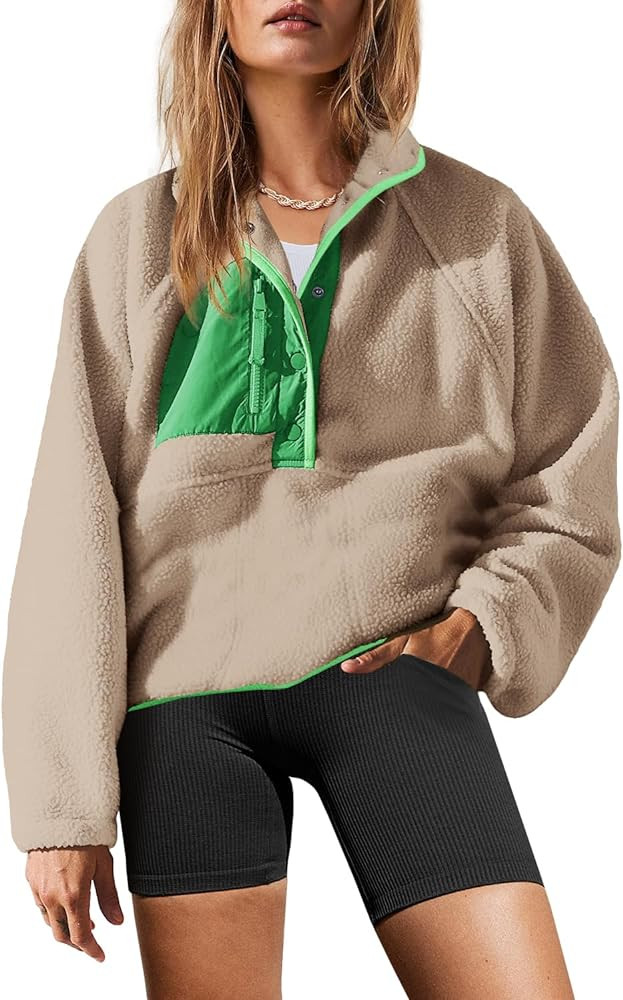 Yanekop Womens Fuzzy Fleece Pullover Sherpa Sweatshirt Long Sleeve Button Down Sweater Jacket wit... | Amazon (US)